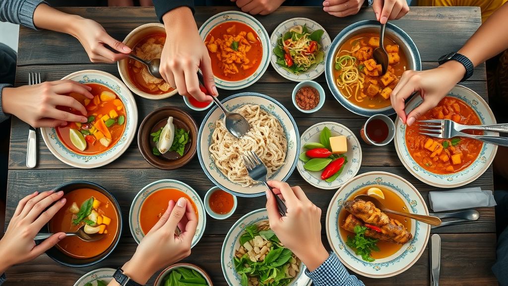 Overhead view of family-style traditional Thai meal with various hands serving food