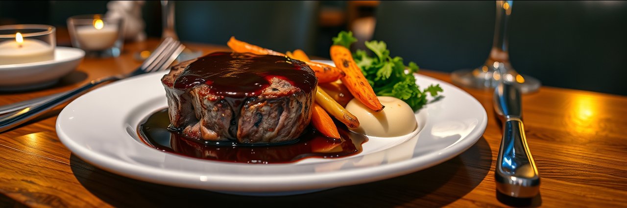 Chesterfield fine dining gourmet steak with vegetables and fondant potato.