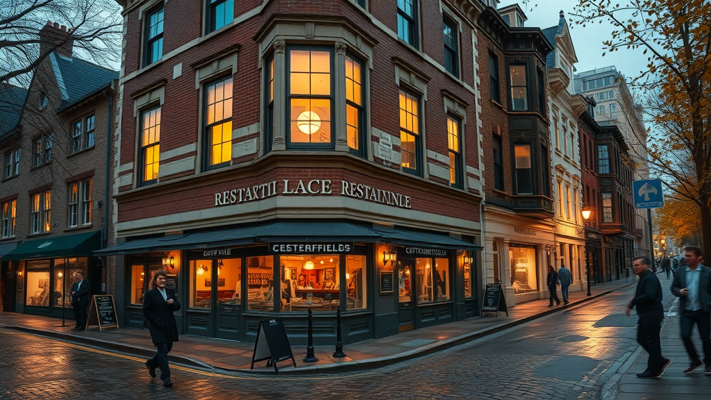 Chesterfield fine dining restaurant historic exterior glowing with evening light