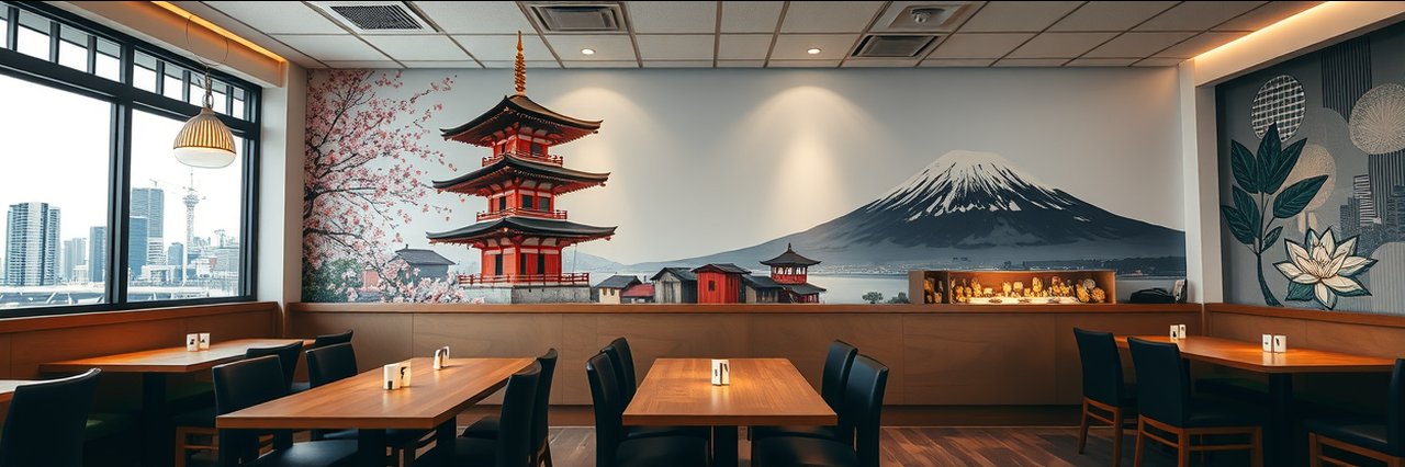 Japanese restaurant mural with pagoda and cherry blossoms, authentic Japanese cuisine.