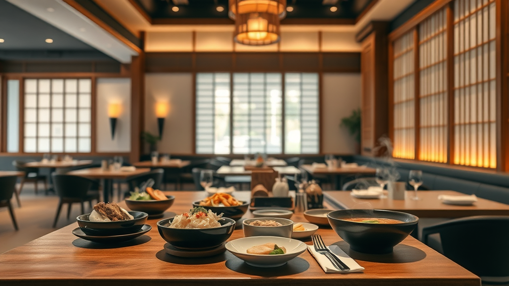 Elegant Japanese restaurant interior showcasing authentic Japanese cuisine dishes