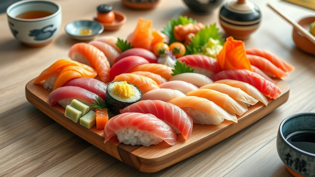 Assorted sushi and sashimi in authentic Japanese style on a wooden platter