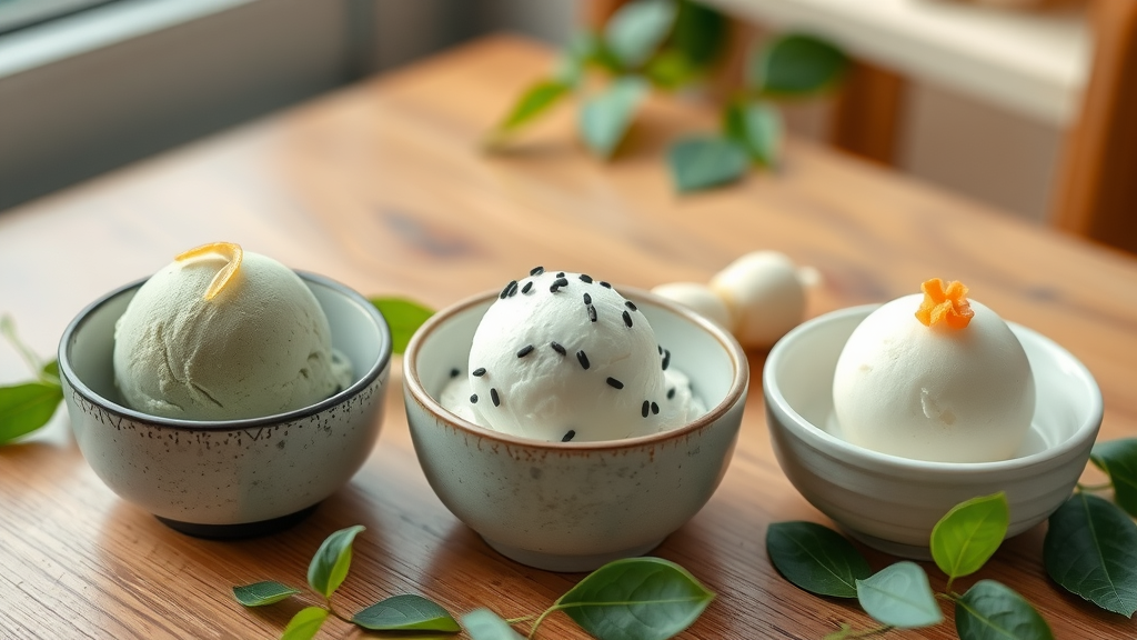 Japanese dessert trio with matcha, sesame, and wasabi ice cream in artisanal bowls