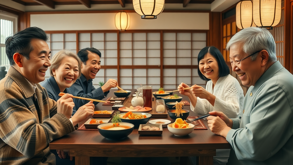 Happy family sharing authentic Japanese cuisine in a traditional restaurant setting