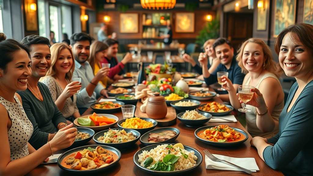 Colorful global cuisine feast with diverse dishes and people sharing a meal