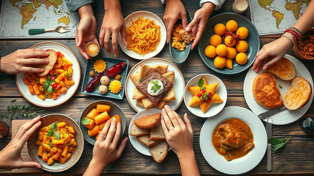 Assorted global cuisine including paella and samosas shared around rustic table