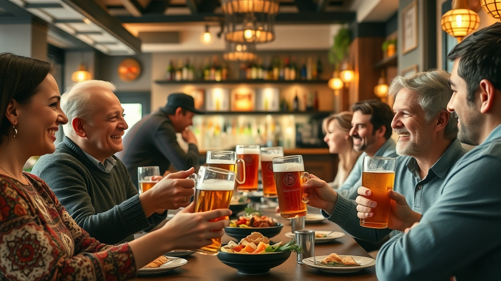 Friends gather for global cuisine and craft beer tasting in inviting restaurant