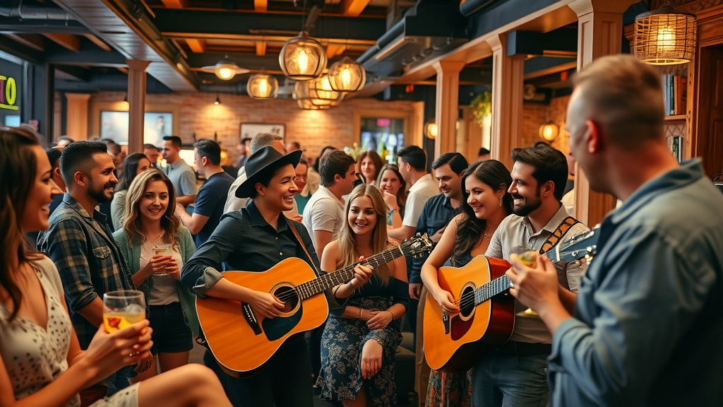 Diverse friends enjoying live entertainment guitarist in a vibrant restaurant lounge.