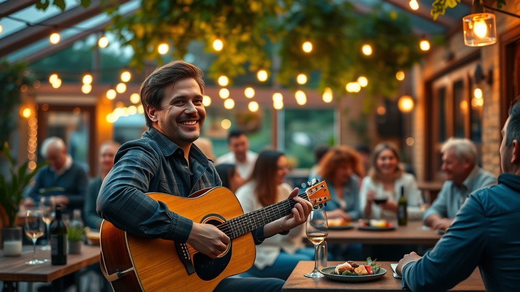 Acoustic singer performing live at a cozy venue, audience sharing joyful evening.