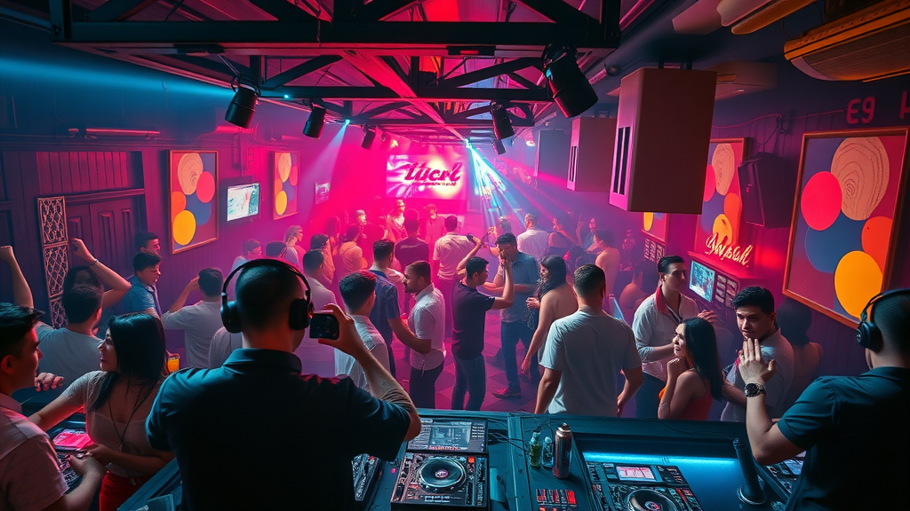 Live entertainment DJ energizing a festive crowd in a colorful urban bar setting.