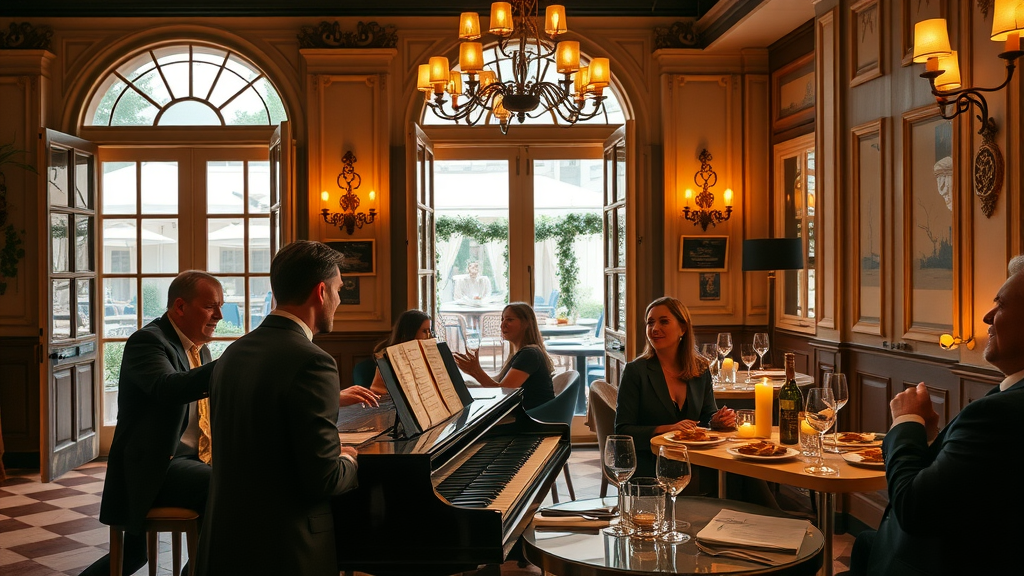 Guests delight in live pianist and vibrant atmosphere at an elegant restaurant.