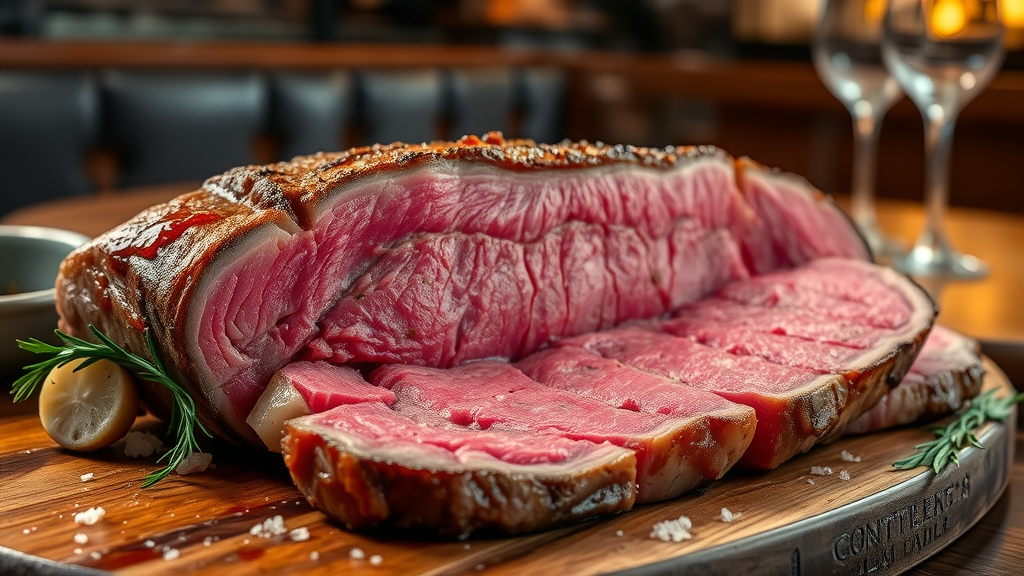 Prime locally sourced steaks sizzling on a rustic board in cozy steakhouse.
