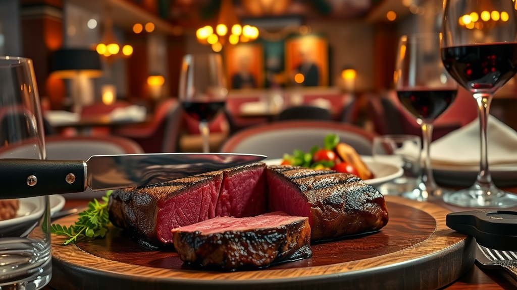 Prime locally sourced steak being sliced in a soulful steakhouse setting.