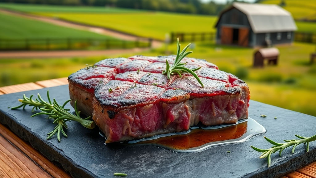 Prime locally sourced ribeye steak on slate platter with farm background.