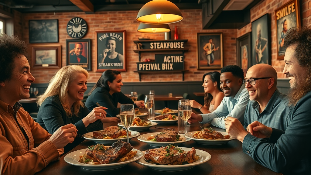 Group enjoying prime locally sourced steaks in a lively soul-themed steakhouse.