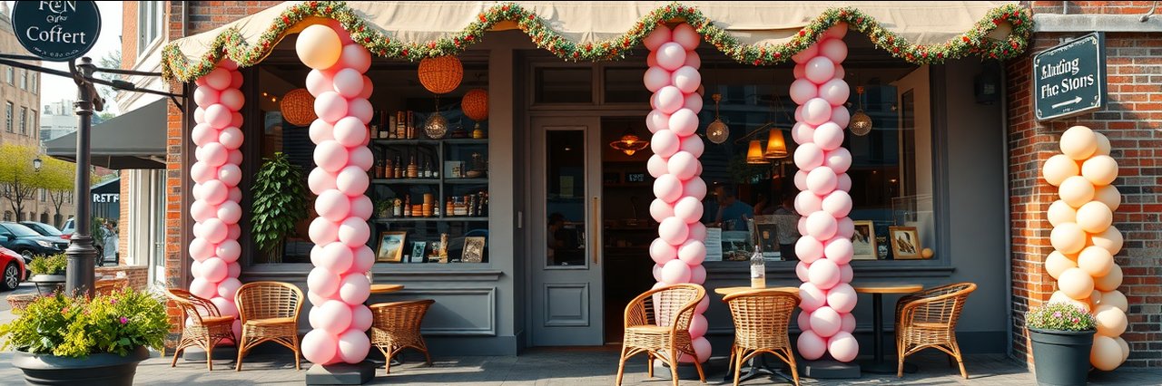 Exterior of Qoozies café with pastel balloons and breakfast seating outside
