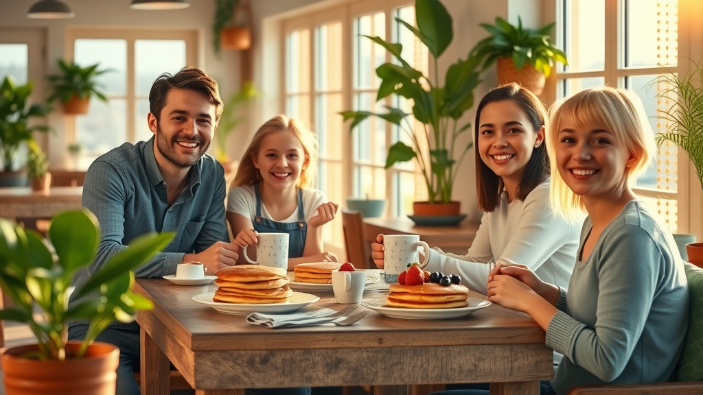 Smiling family enjoying Qoozies breakfast menu with pancakes and coffee in a sunny cafe