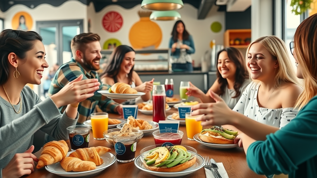 Friends sharing Qoozies breakfast menu of croissants, bagels, and smoothies