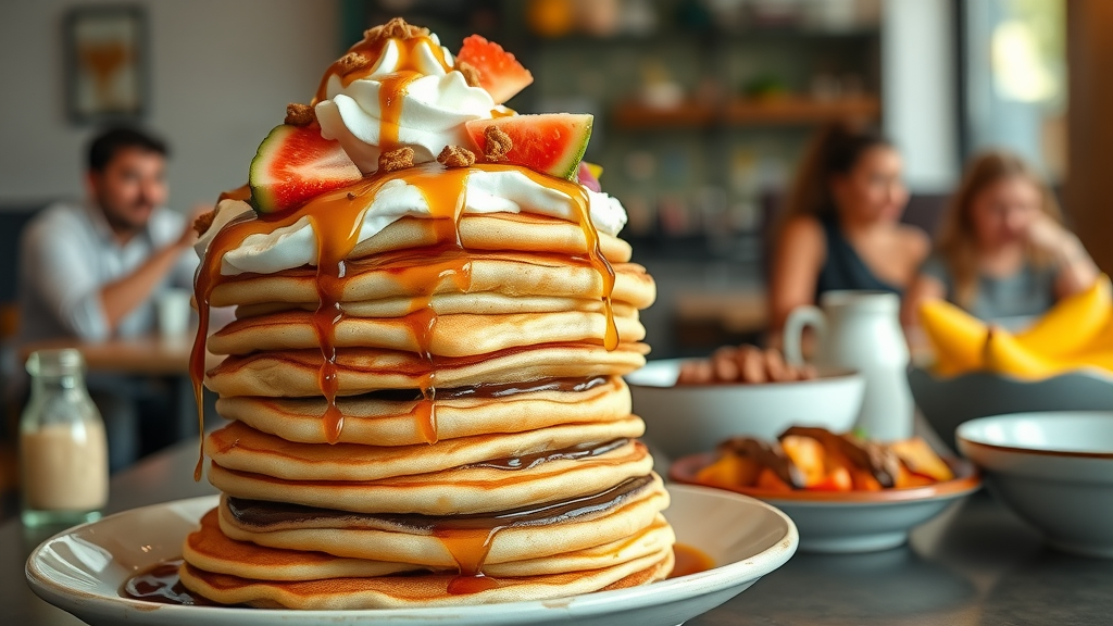 Qoozies breakfast menu featuring pancakes with Nutella, Biscoff, and fresh fruit