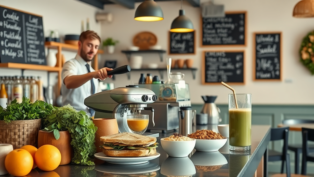 Barista serves coffee and smoothie with Qoozies breakfast menu of paninis and granola