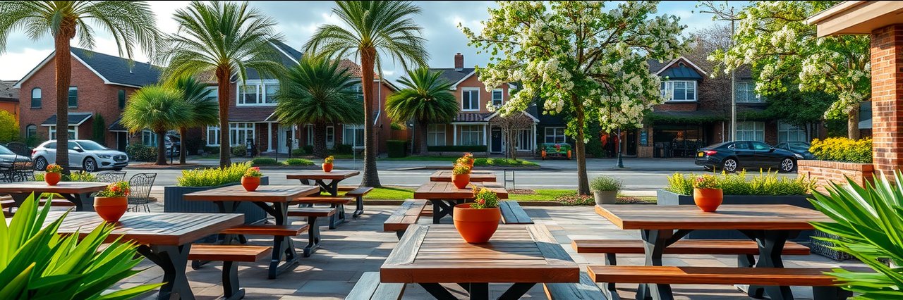 Sunny outdoor patio with benches, ideal for tapas small plates, palm trees, and suburban backdrop