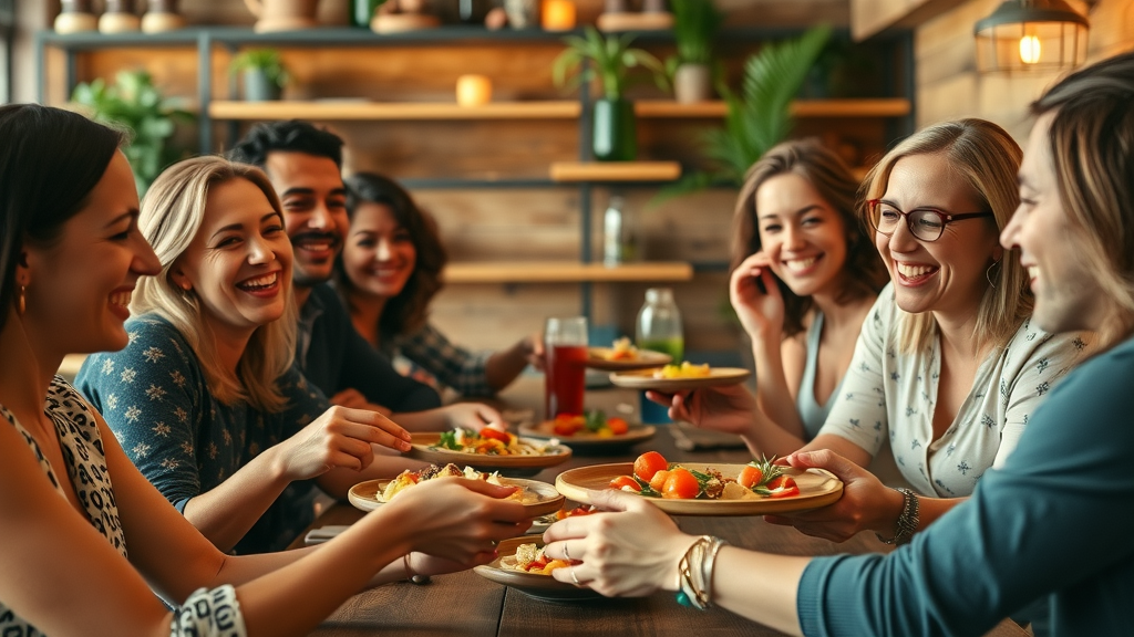Friends sharing vibrant tapas small plates in cosy restaurant setting