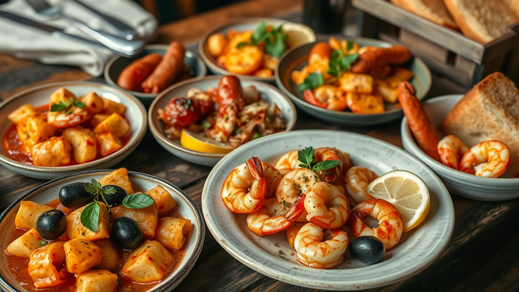 Assorted vibrant tapas small plates on rustic table for sharing