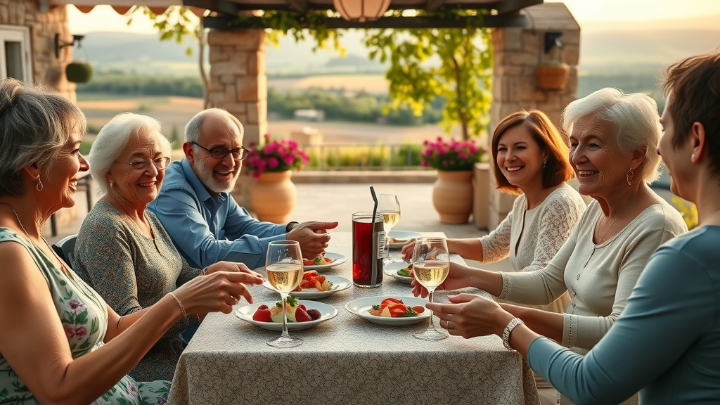 Family sharing tapas small plates outdoors on sunlit restaurant patio