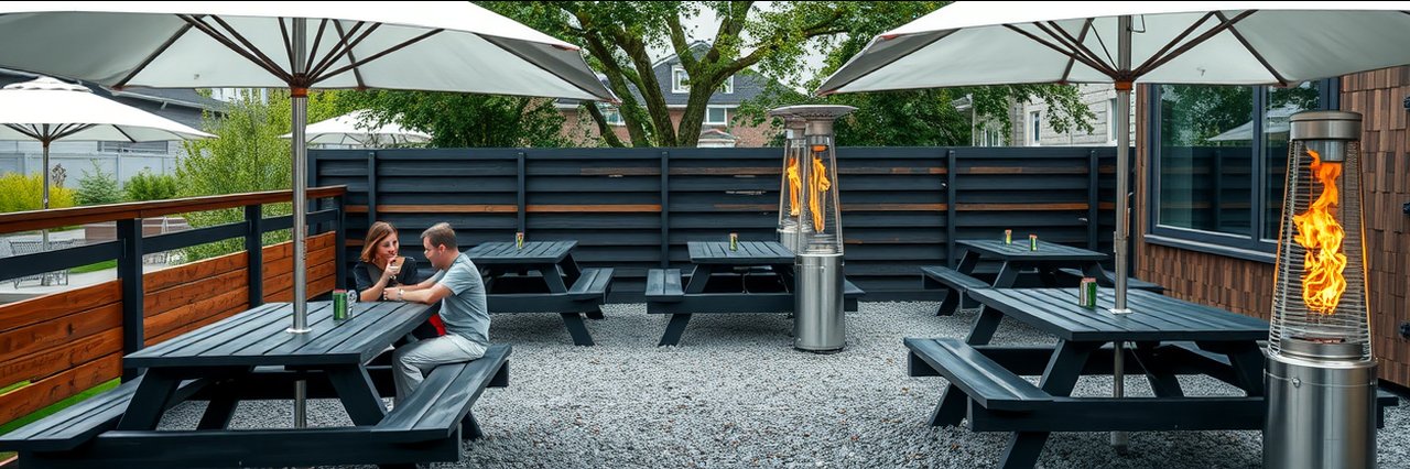 Safe dining app outdoor area with heaters, black tables, and umbrellas