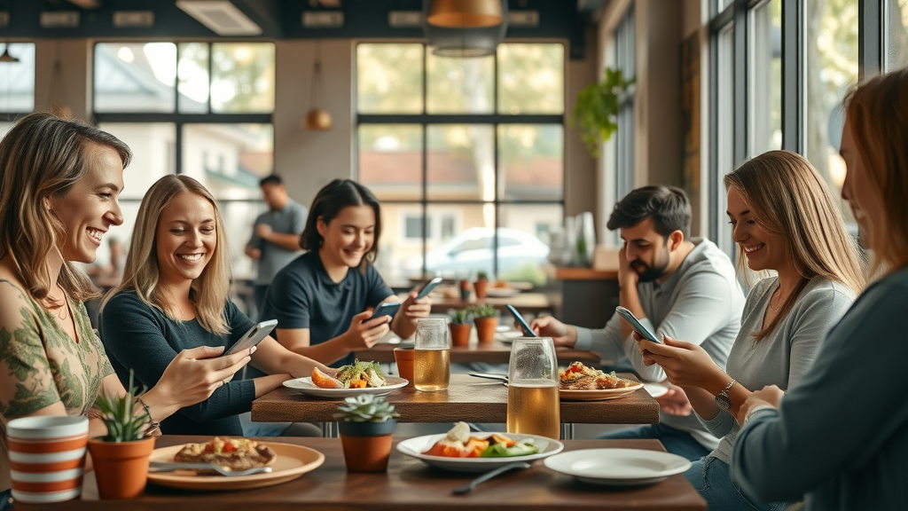 Group enjoying safe dining app in cozy restaurant, relaxed and secure.