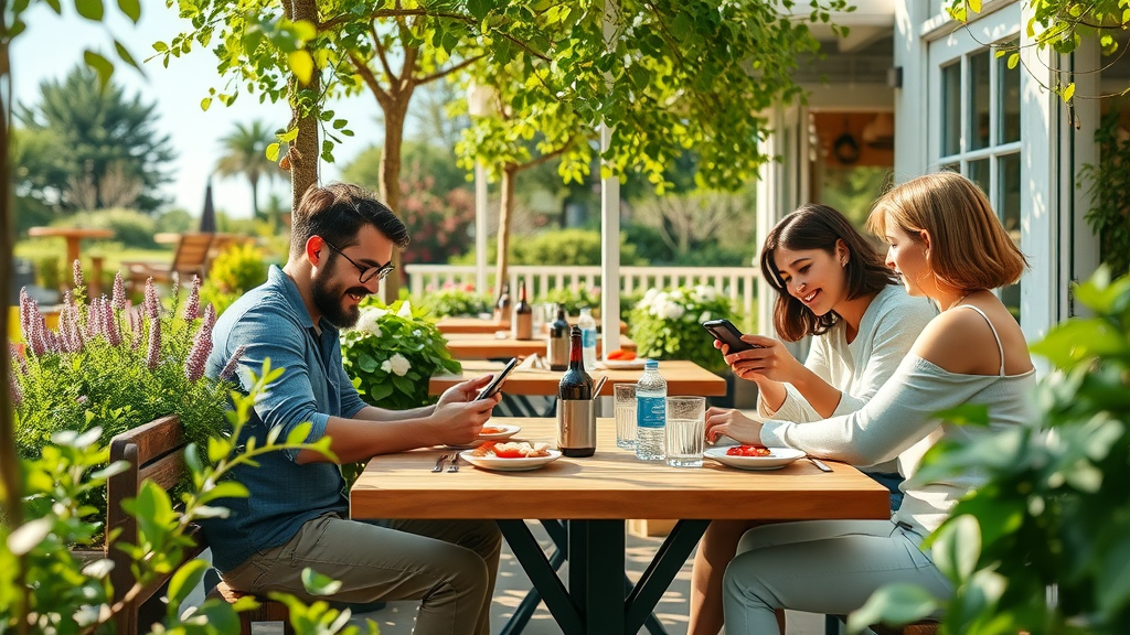Family using a safe dining app outdoors, happy in sunlit garden restaurant.
