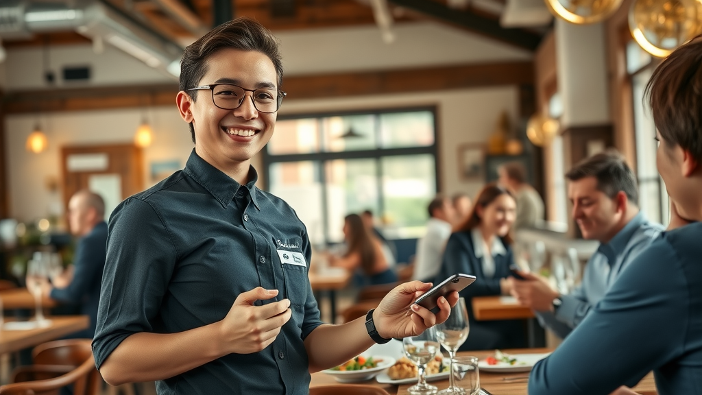 Waiter serving food while guests use safe dining app, bright inviting interior.