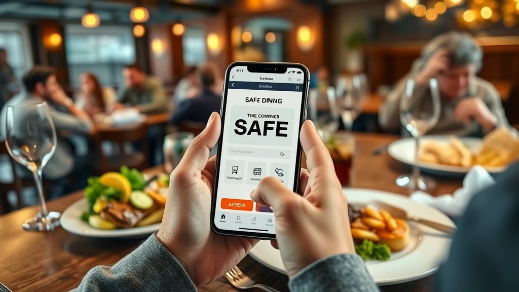 Safe dining app interface on phone beside meal, seamless dining experience.