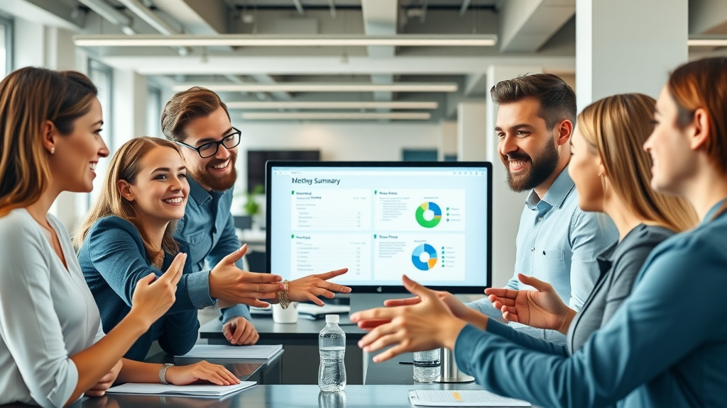 Professionals collaborating reviewing an automated meeting summary using AI tools in a modern office