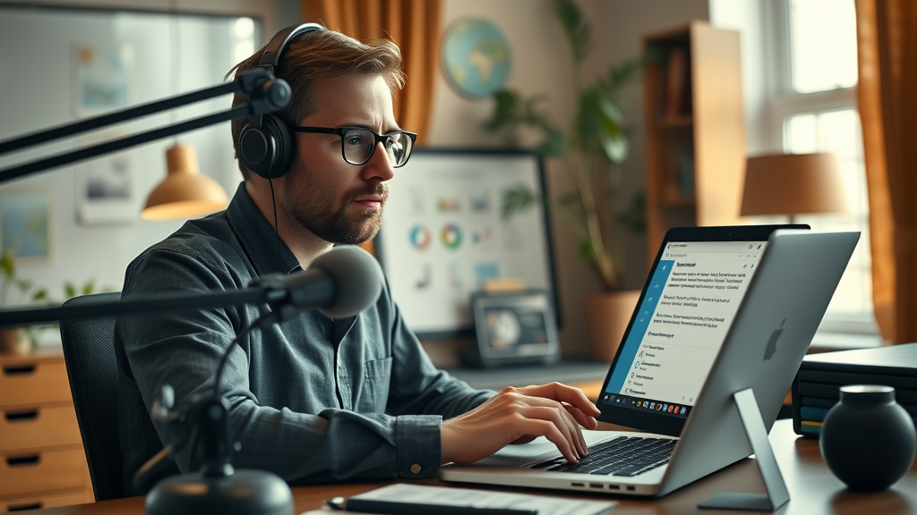 Professional using microphone and laptop to transcribe audio file for automated meeting workflow