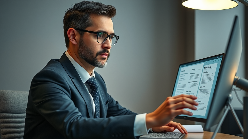 Business professional reviewing AI-generated meeting summary carefully for quality assurance