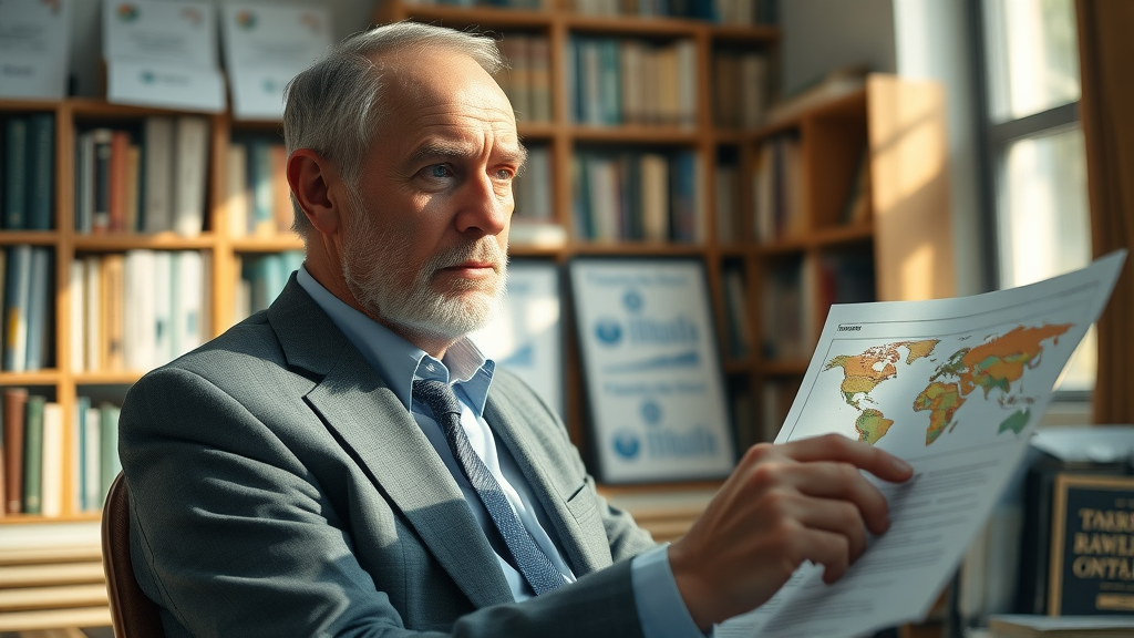 thoughtful older British man reviewing climate data charts in an academic office, representing Lord Matthew Ridley and climate fanaticism