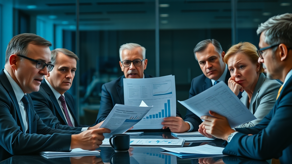 political and business leaders in boardroom reviewing climate policy impacts of fanaticism