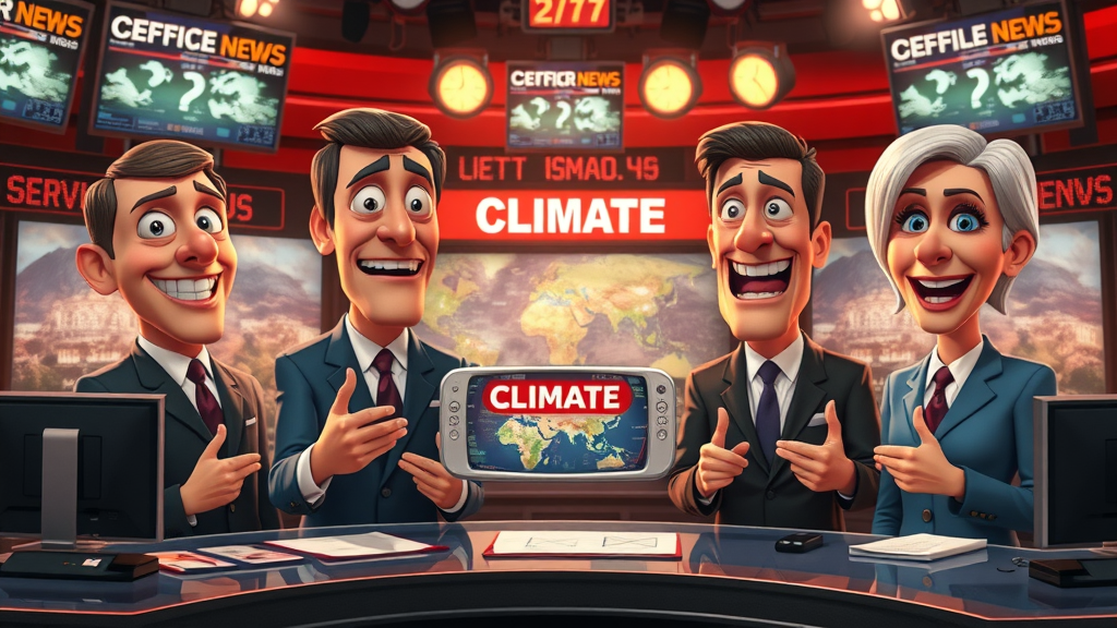 animated news anchors presenting climate alarmism and the media