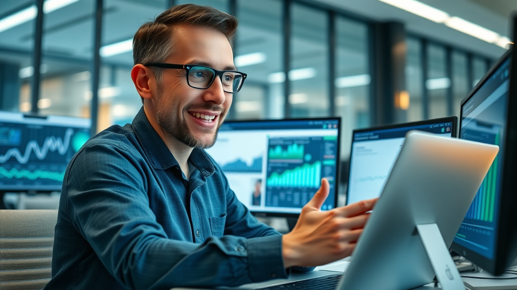 writing facebook & google ads, digital marketing workspace with AI-generated ad copy results, multi-monitor charts, modern office, sharp focus