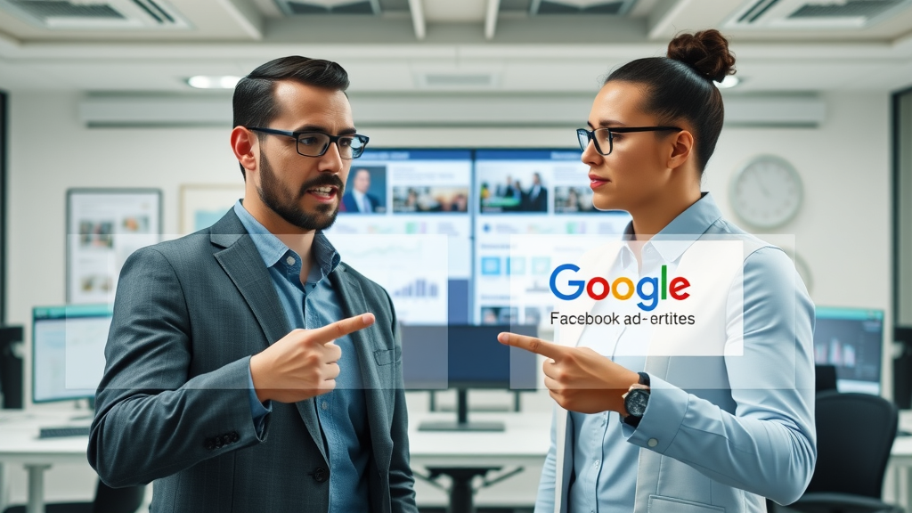 contrasting facebook ad and google ad interfaces for writing facebook & google ads, professionals collaborating, user engagement overlays