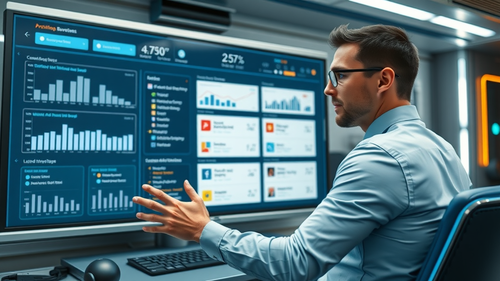 innovative AI-powered dashboard for writing facebook & google ads, marketer generating ad copy variations, large screen, workflow efficiency