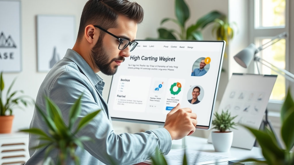 high-converting landing page design for writing facebook & google ads, UX designer adjusting website, modern studio, animated conversion icons