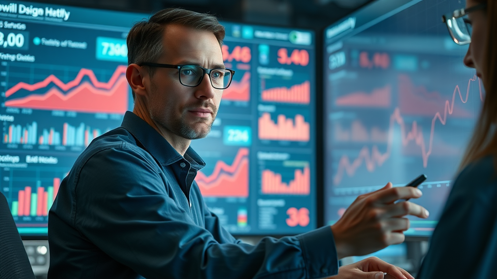 dynamic split-testing for writing facebook & google ads, marketer analysing AI graphs and ad results, digital workspace