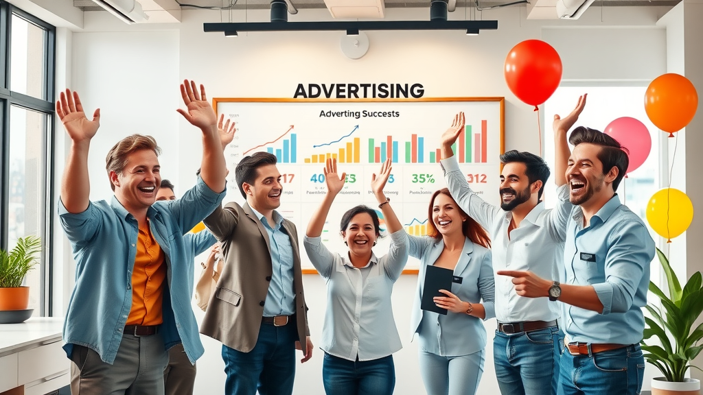 writing facebook & google ads, marketers celebrating successful ad campaign, performance charts, balloons, agency environment