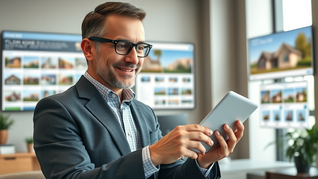 writing facebook & google ads, business owner overseeing digital ad campaign, reviewing client acquisition growth, property listing displays