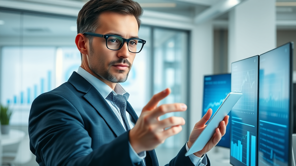 Property services manager analyzes customer reviews and business stats in a modern digital office setting.