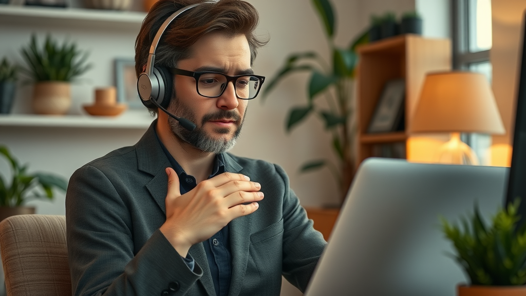 Thoughtful property services manager empathetically reading and responding to a negative customer review in a cozy office.