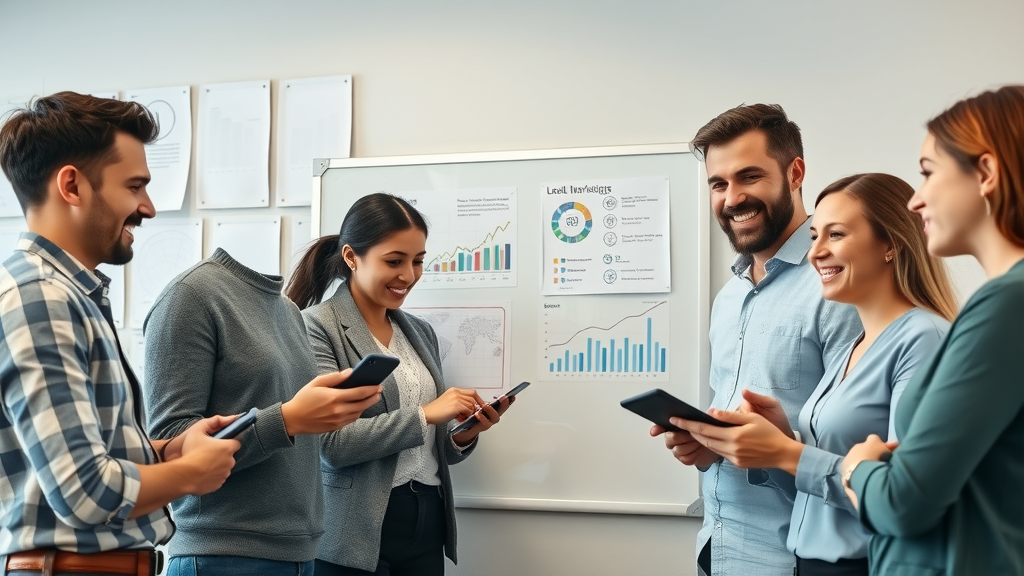 local business team discussing digital marketing strategies and competitors keywords in a modern office with SEO charts