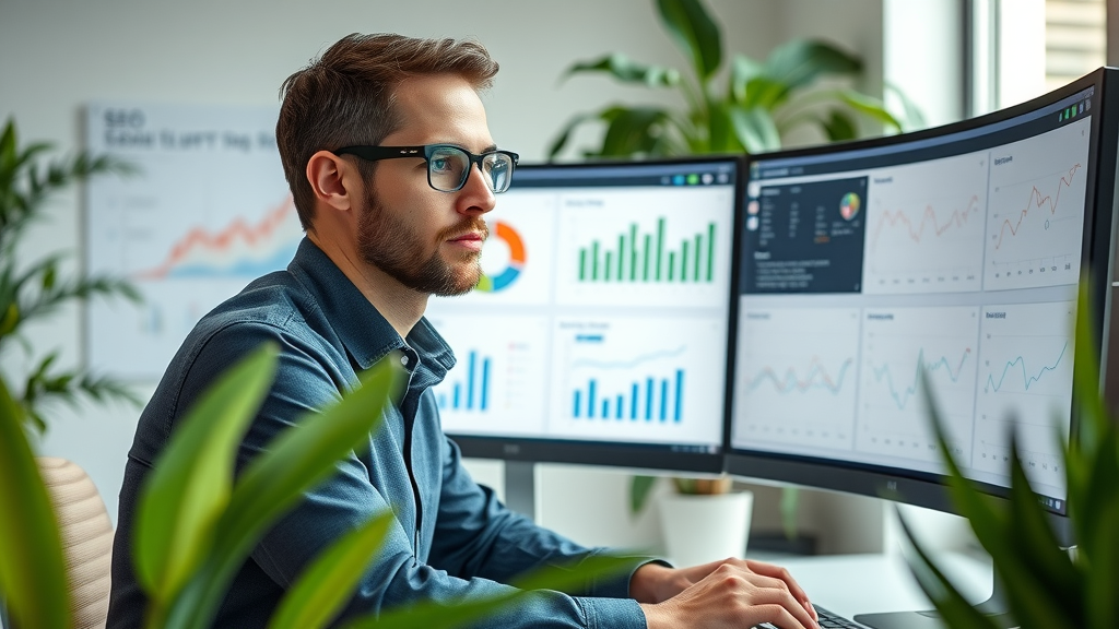 business analyst reviewing SEO reports and competitor keywords data visualization